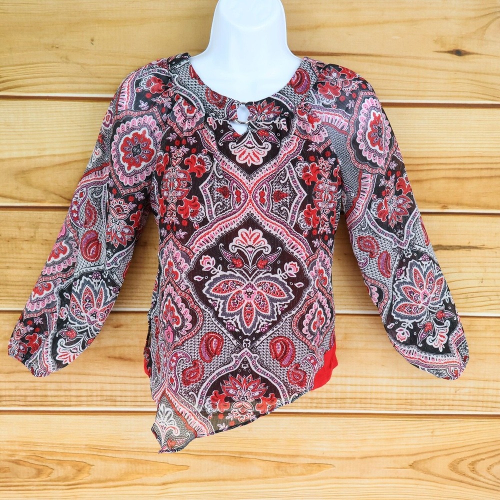Amy Byer‎ Blouse Built in Tank Girls L Black Red White Paisley Poly Long Sleeve